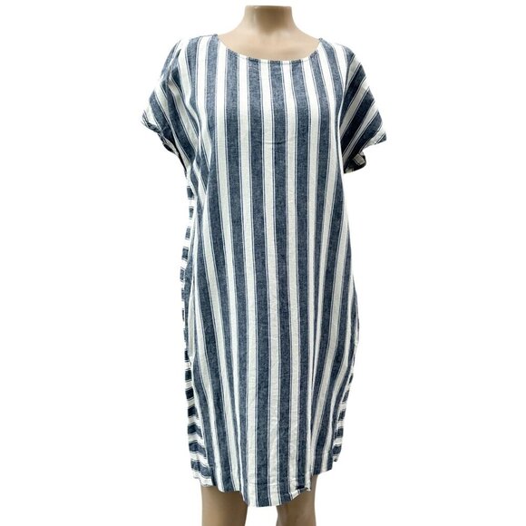 Madewell Stripe Play Button Back Dress Linen Cotton Transatlantic Blue Women M - Picture 4 of 16